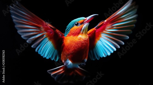A brilliantly colored kingfisher soaring through the air showcasing its exquisite feather details set against a dark backdrop