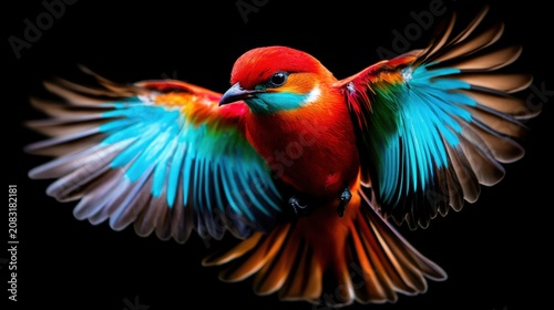 A bright and colorful bird soaring through the air displaying its beautiful feathers against a dark backdrop