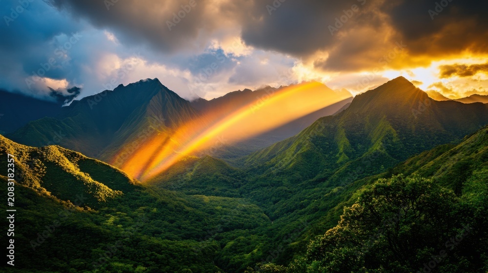 Naklejka premium Breathtaking sunset illuminating a vibrant mountain scenery with striking lighting and colorful rainbow effects