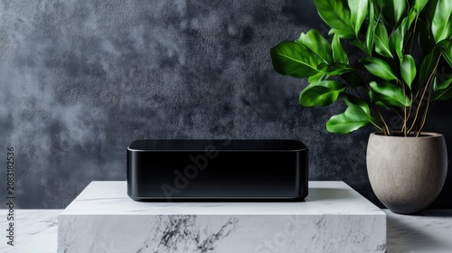 Stylish contemporary black box resting on a marble surface with a vibrant green plant backdrop
