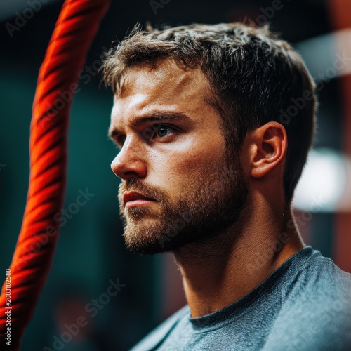 A determined young man intensely focusing during a workout in a gym environment