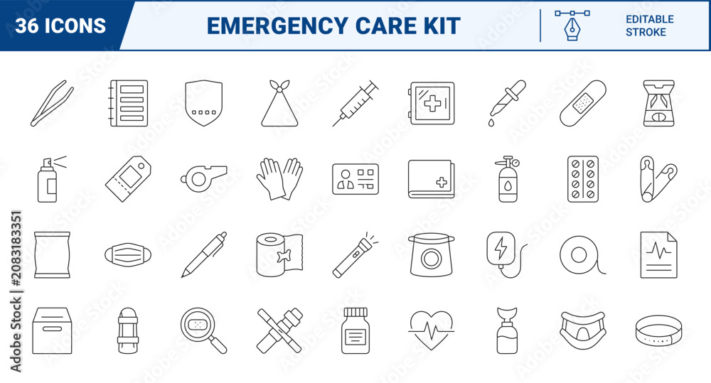 Obraz premium First aid station line icon set. Vector pictograms of emergency care, medical supplies, patient triage, and rescue equipment elements, thin linear illustration.