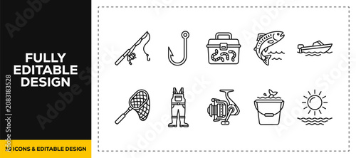 Photos flat vector illustration line art icon bundle set design highlighting fishing eq