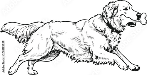 Fényképezés Golden Retriever with Bone: A joyful golden retriever in motion, carrying a bone in its mouth, captured in a classic illustration style
