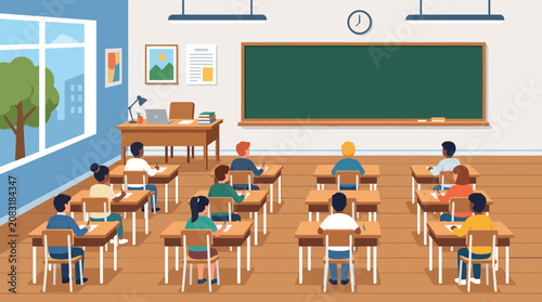 Students sitting at desks in a classroom with a teacher at the front.