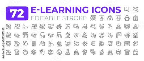 E learning line icons big set. Online education sources. Remote schooling system. Knowledge for all iconset outline pictograms. Isolated linear vector illustrations. Editable stroke