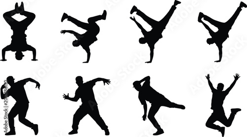 Foto Breakdance and hip hop dancer silhouettes set featuring various breakdancing pos