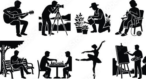 Foto Collection of people enjoying various hobbies and lifestyle activities black sil
