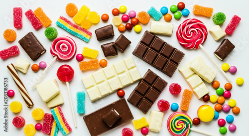 Colorful Assortment of Candies, Chocolates, and Lollipops on White Background