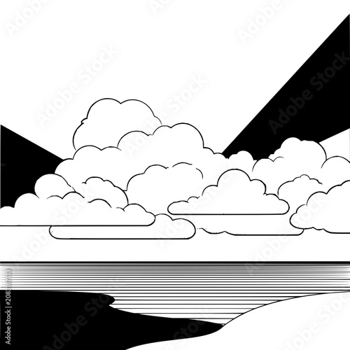 Monochrome landscape with clouds and water featuring a minimalist and stylized aesthetic design element with lines 100