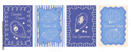 Summer marine poster set with seashells, oyster pearl, wavy frames, striped backgrounds and lettering, hand drawn blue doodle flat retro style. Vacation cards collection, elegant postcard