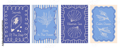 Summer coastal poster set with scallops, oyster pearl, wavy frames, abstract background stripes and text, hand drawn vector, blue mediterranean retro style. Marine minimalist vacation cards