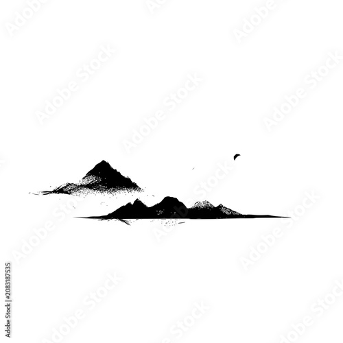 Ink wash painting of mountains with moon and reflection landscape art illustration is a minimalist design