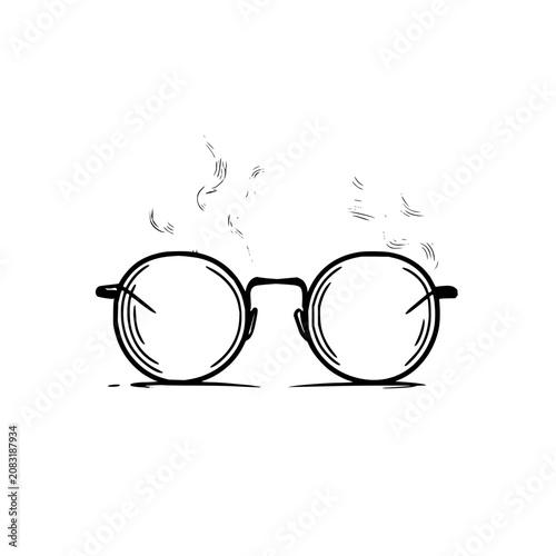 Illustration of round spectacles with hair above the frames in black and white artistic style