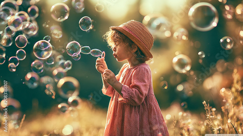 A joyful child blowing bubbles in a sunlit field, wearing a pink dress and a hat. The scene captures the essence of carefree childhood and the beauty of nature in warm light.
