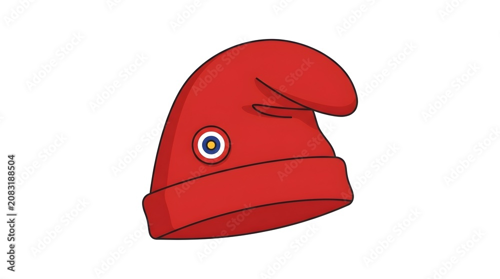 Fototapeta premium A vector illustration of a red Phrygian cap, a brimless, conical cap with the tip bent forward, also known as a liberty cap. A circular tricolor French cockade is pinned to the side.