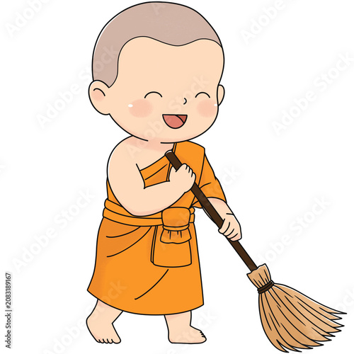 Young Monk Sweeping with Broom