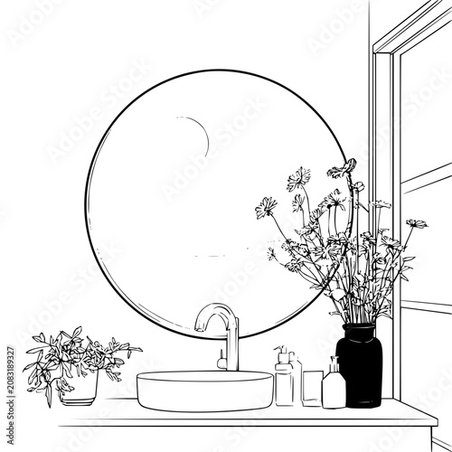 Bathroom interior sketch with round mirror and flowers on the counter minimalistic design concept illustration