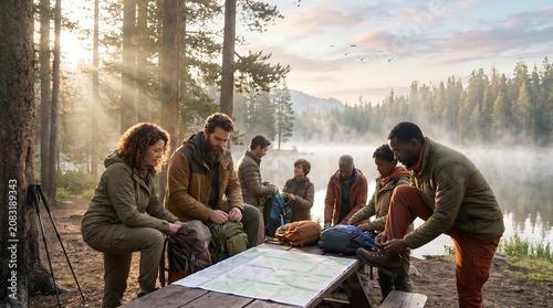 Diverse Group of Friends Planning Hiking Route on Map at Misty Lakeside Campground in Morning Sunlight