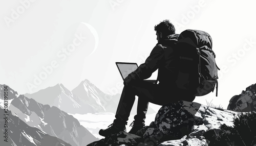 Fotografía Man sitting on mountain with laptop.