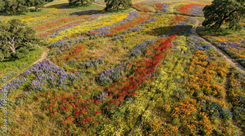 Fototapeta premium Wildflower field aerial photography with colorful blooms and winding dirt path