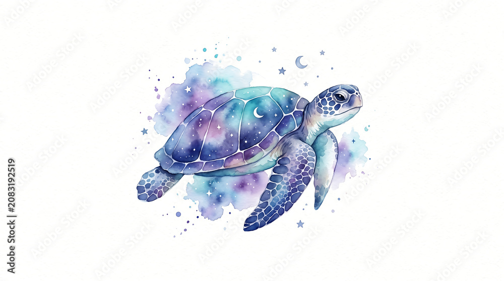 Fototapeta premium Majestic Sea Turtle Artistic Watercolor Illustration Featuring Galaxy Inspired Space Patterns and Celestial Motifs on a Pristine White Background