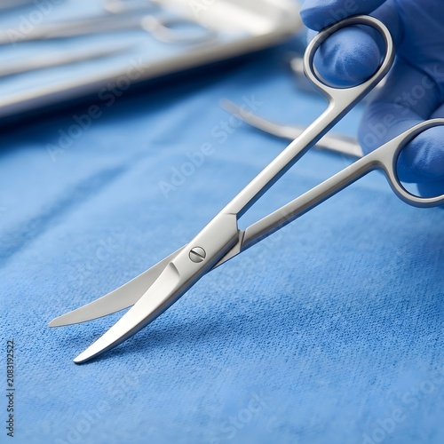 Close up of surgical scissors on blue sterile medical drape in clinical setting