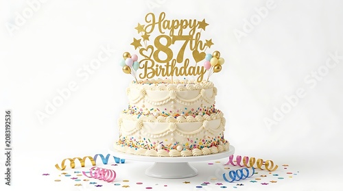Eighty seventh birthday cake with gold topper and colorful sprinkles