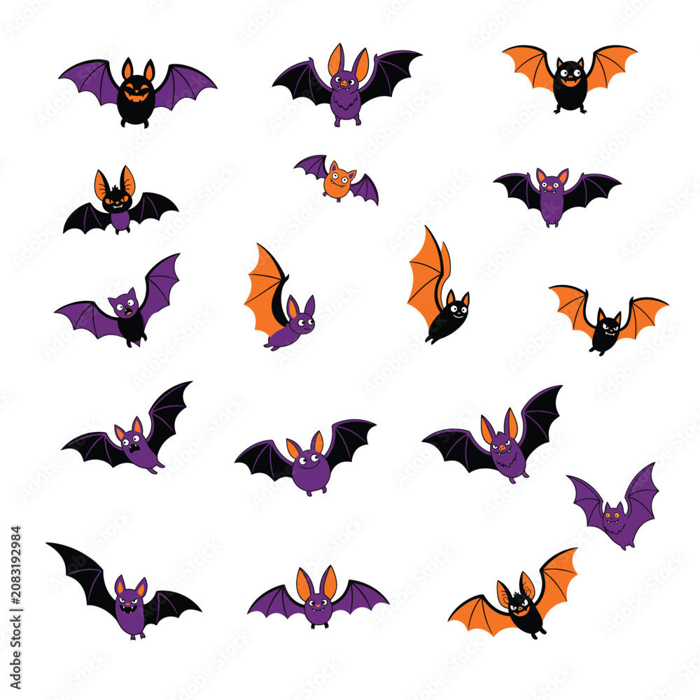 Fototapeta premium Assorted cartoon bat characters for halloween, featuring diverse expressions and poses in orange, purple, and black colors on white background