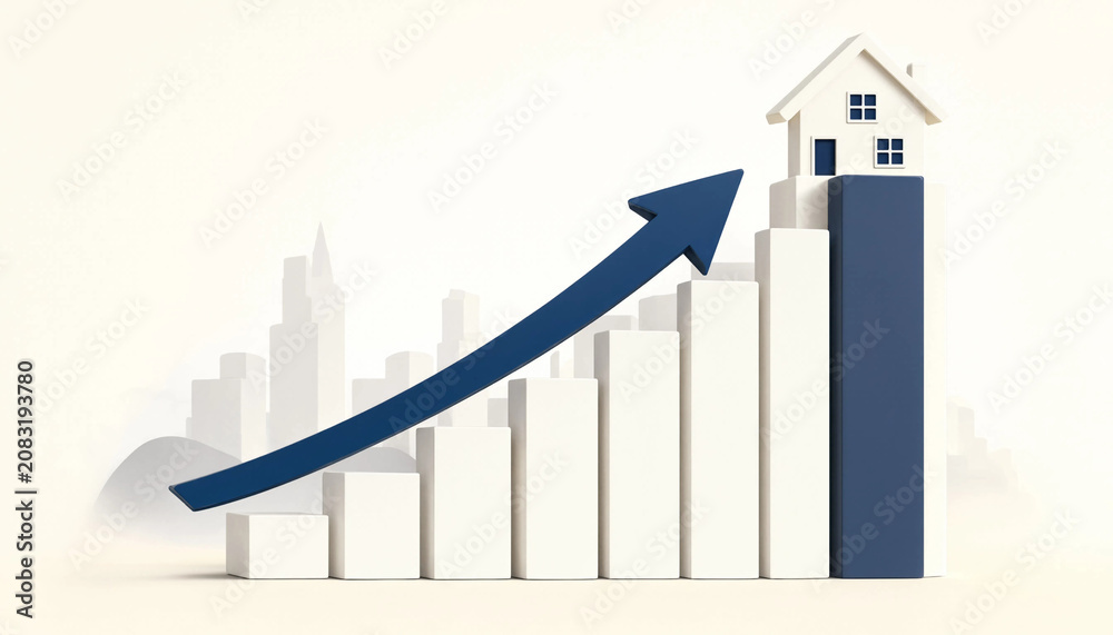 Fototapeta premium Minimalist Real Estate Market Growth Concept with House on Rising Bar Chart Arrow