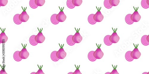 Seamless pattern of red onions and sliced rings on a clean white background. Perfect for kitchen wallpaper, food packaging, or textile designs. Minimalist, fresh, and vibrant culinary aesthetic.