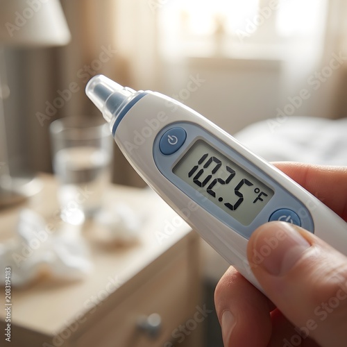 Person checking high body temperature with digital thermometer in home setting