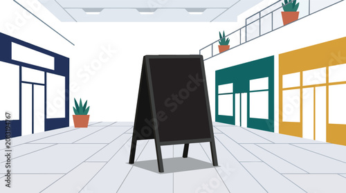 Blank black a-frame sandwich board standing in a minimalist shopping mall interior clean flat vector for retail marketing
