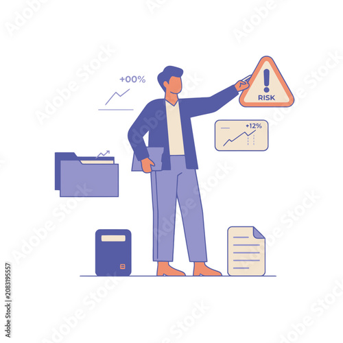 Man pointing at risk sign with charts and documents