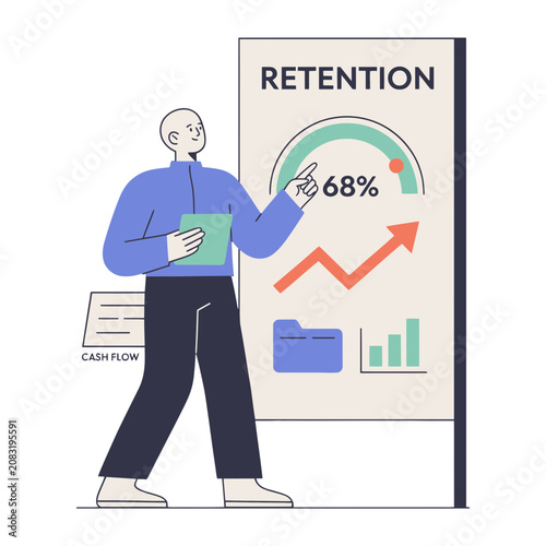 Man presenting retention data with charts