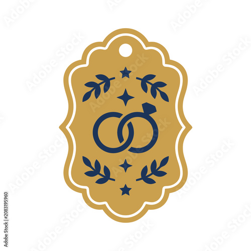 Wedding Rings Emblem with Leaves and Stars