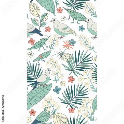 Tropical Birds, Lizards, Insects and Flowers Pattern