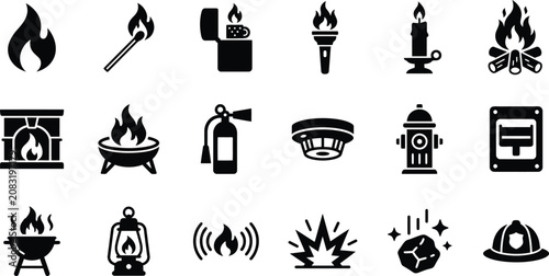 Silhouette Icons Representing Various Forms of Fire and Safety Measures