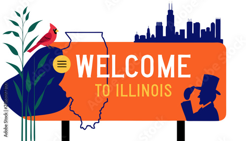 Very beautiful realistic vector of a classic roadside welcome sign featuring a colorful label reading 