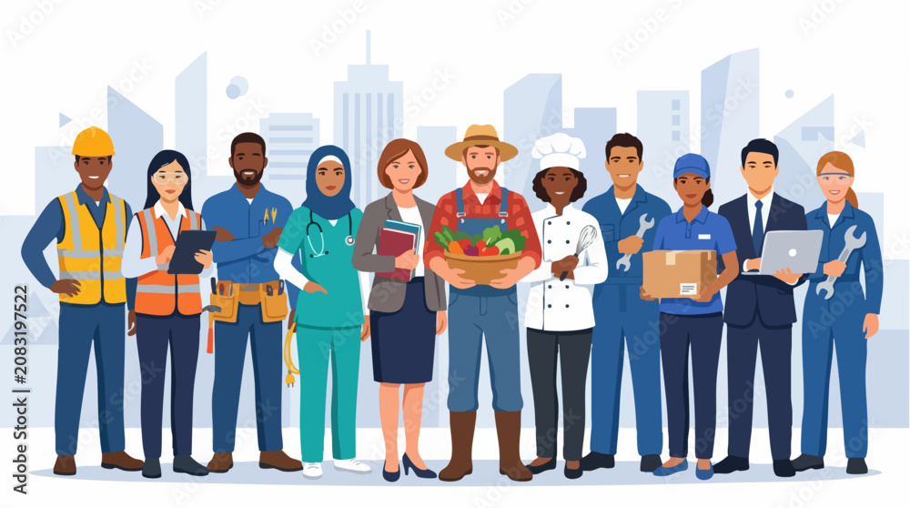 Obraz premium Diverse Workforce Illustration: A vibrant illustration showcases a diverse group of professionals, representing various occupations from construction and healthcare to agriculture and technology.