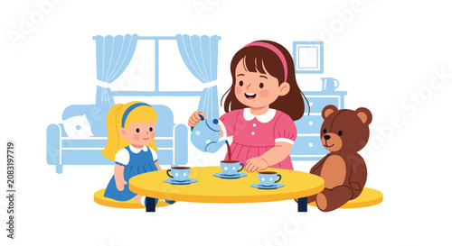 Foto Flat style vector illustration of happy little girl enjoying a pretend tea party with doll