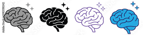 Brain icons with sparkle effects showcased in gray solid black violet outline and bright blue styles for educational materials neural technology visualization and creative medical graphic design.
