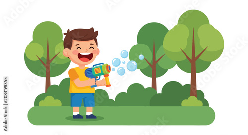 Quadro su tela Flat style vector illustration of joyful little boy chasing bubbles with a bubble toy in a park