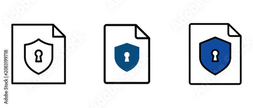 Secure file document icon set with shield and key symbol in various color options for data protection and information security.