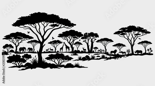 Canvas Print African savannah wildlife silhouette scene