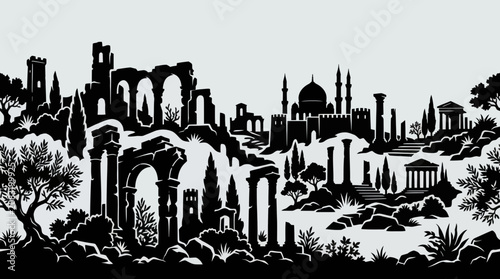 Foto Ancient city ruins and architecture silhouette