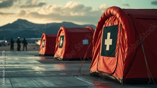 Emergency medical tents arranged on an airfield with a stunning mountain backdrop during sunset