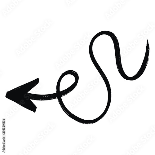 A hand-drawn black ink arrow with a whimsical, curly, winding shape isolated on a white background.