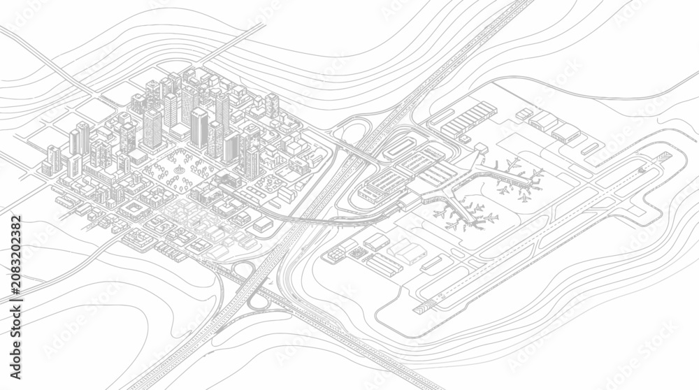 Fototapeta premium Isometric layout of a modern city and airport skyline