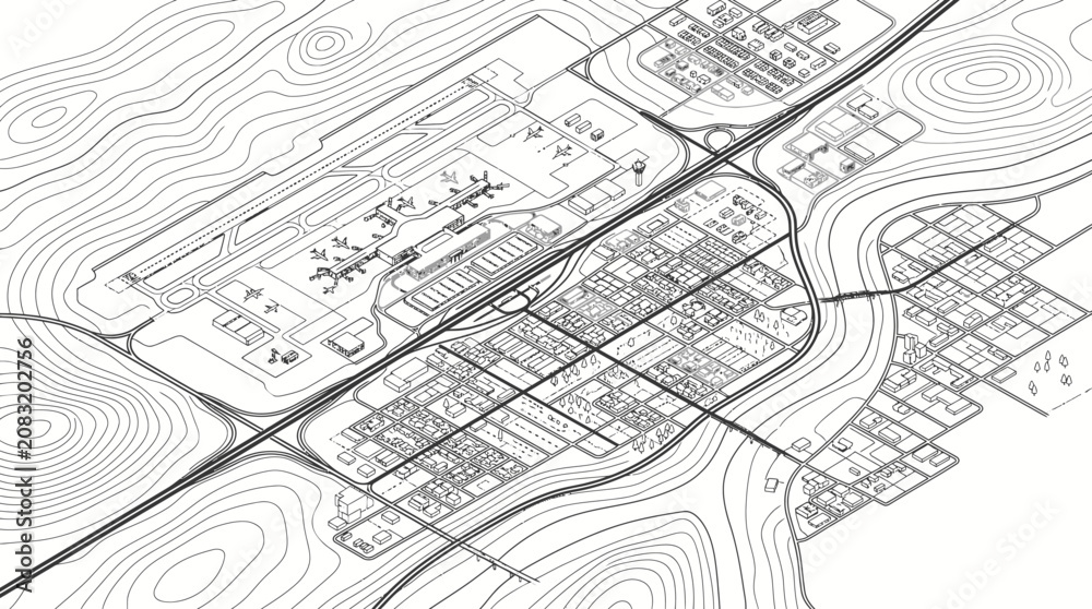Obraz premium Isometric architectural map of a city layout and airport terminal